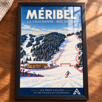 Complete Méribel La Chaudanne and Roc de Fer framed art print in Black Ash on a walnut tabletop, showing a downhill ski racer, spectators and a red-fenced racecourse, with sunlight reflecting across the glass.
