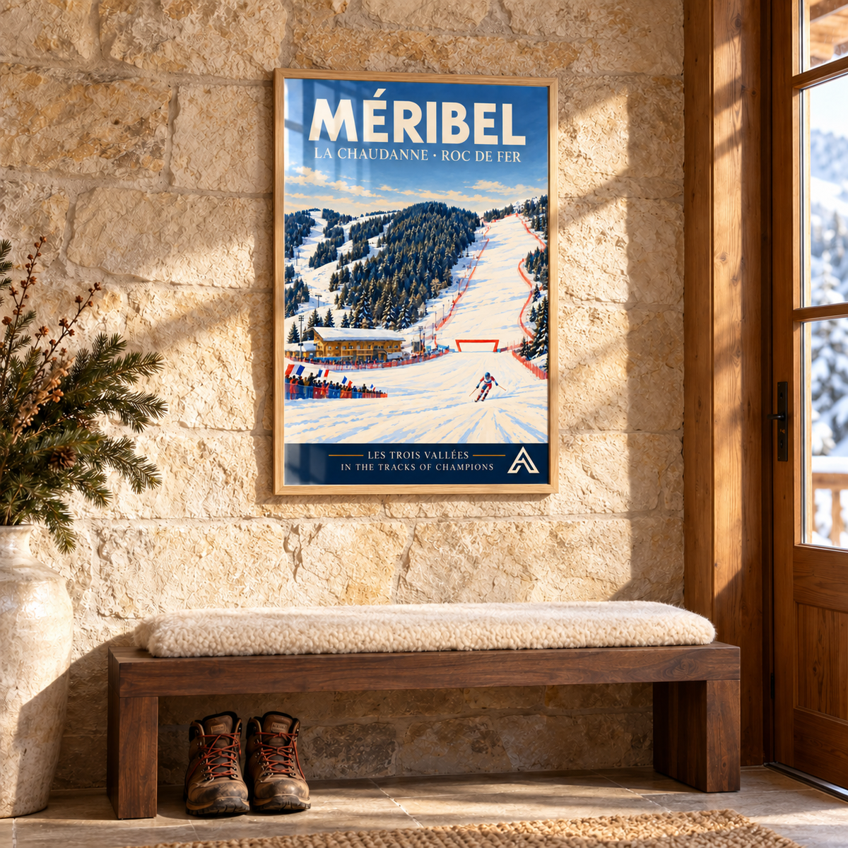 Méribel La Chaudanne and Roc de Fer framed art print in Natural Oak above a walnut entrance bench against a limestone wall, with winter sunlight on the glazing.