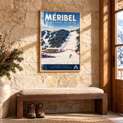 Méribel La Chaudanne and Roc de Fer framed art print in Natural Oak above a walnut entrance bench against a limestone wall, with winter sunlight on the glazing.
