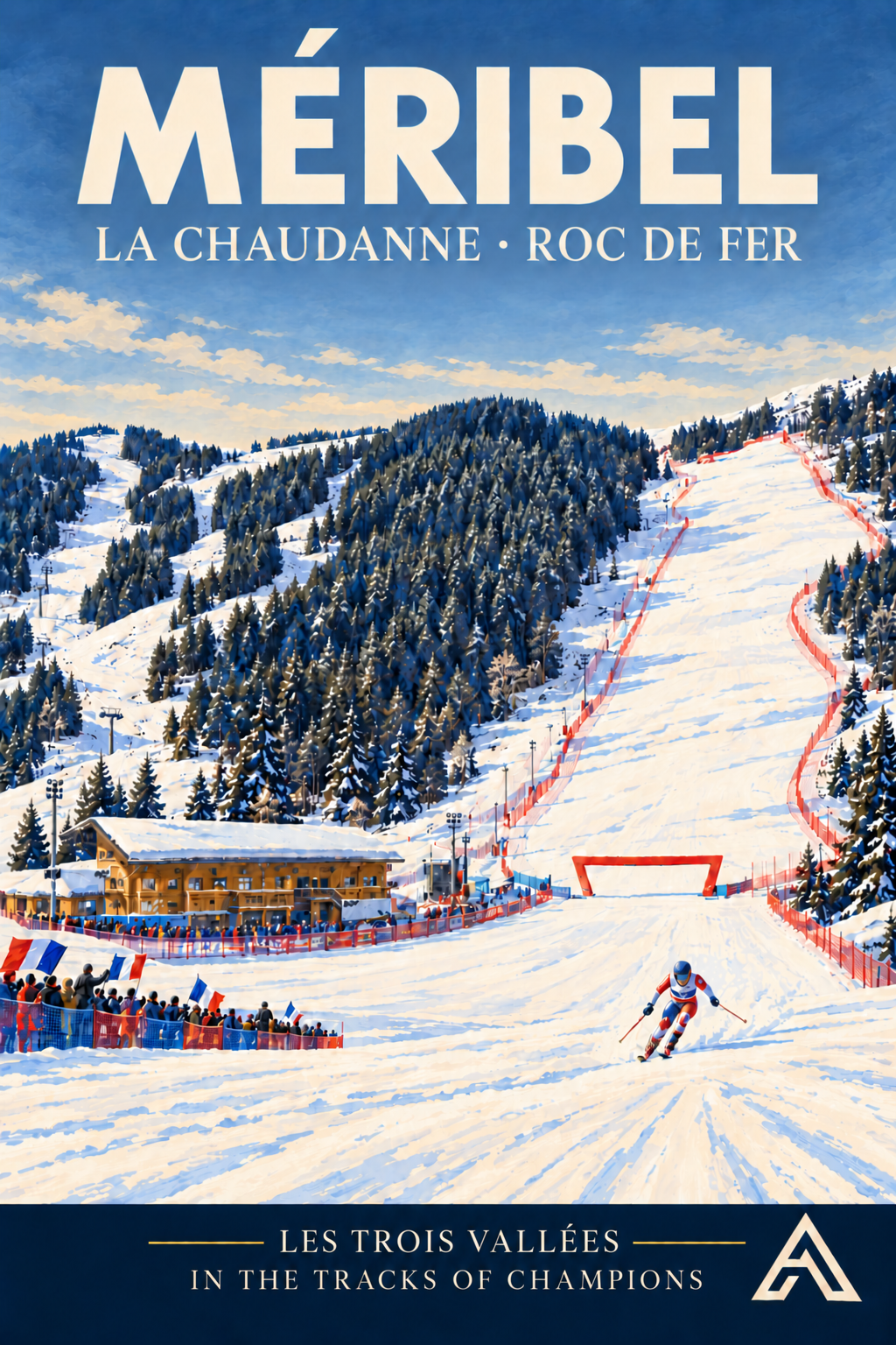 Méribel — La Chaudanne / Roc de Fer vintage art print showing a skier racing down a snowy piste beside red safety fencing, spectators and fir trees.
