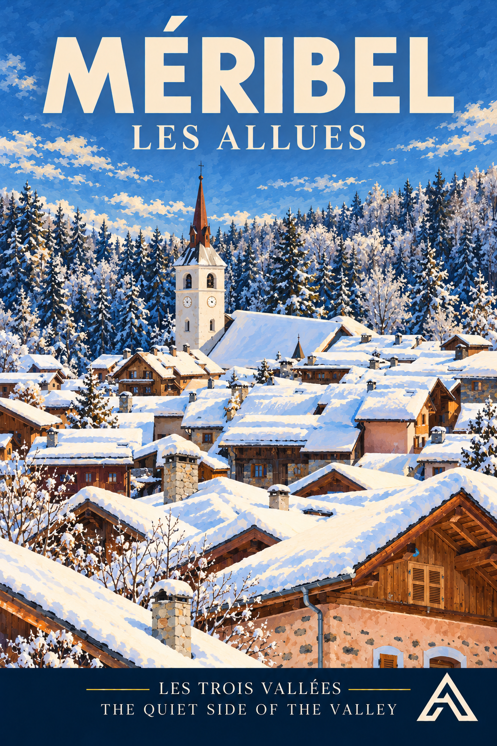 Méribel — Les Allues vintage art print showing snow-covered timber chalets, a church tower and fir-covered hills.