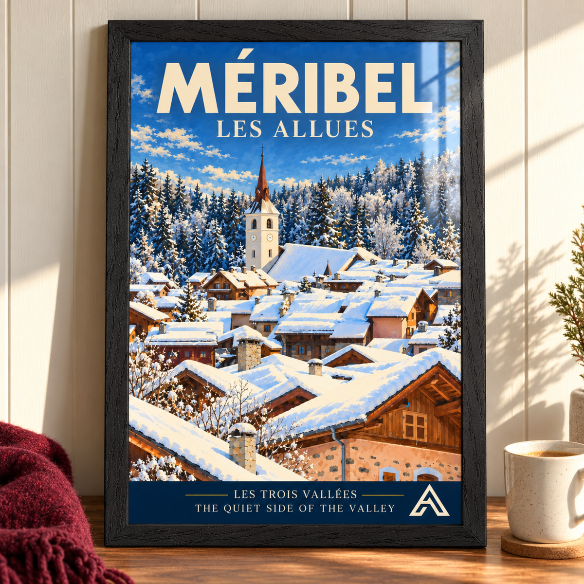 Méribel Les Allues art print in a black ash frame on a sunlit walnut tabletop, showing a snowy village and church against a fir-covered hillside.