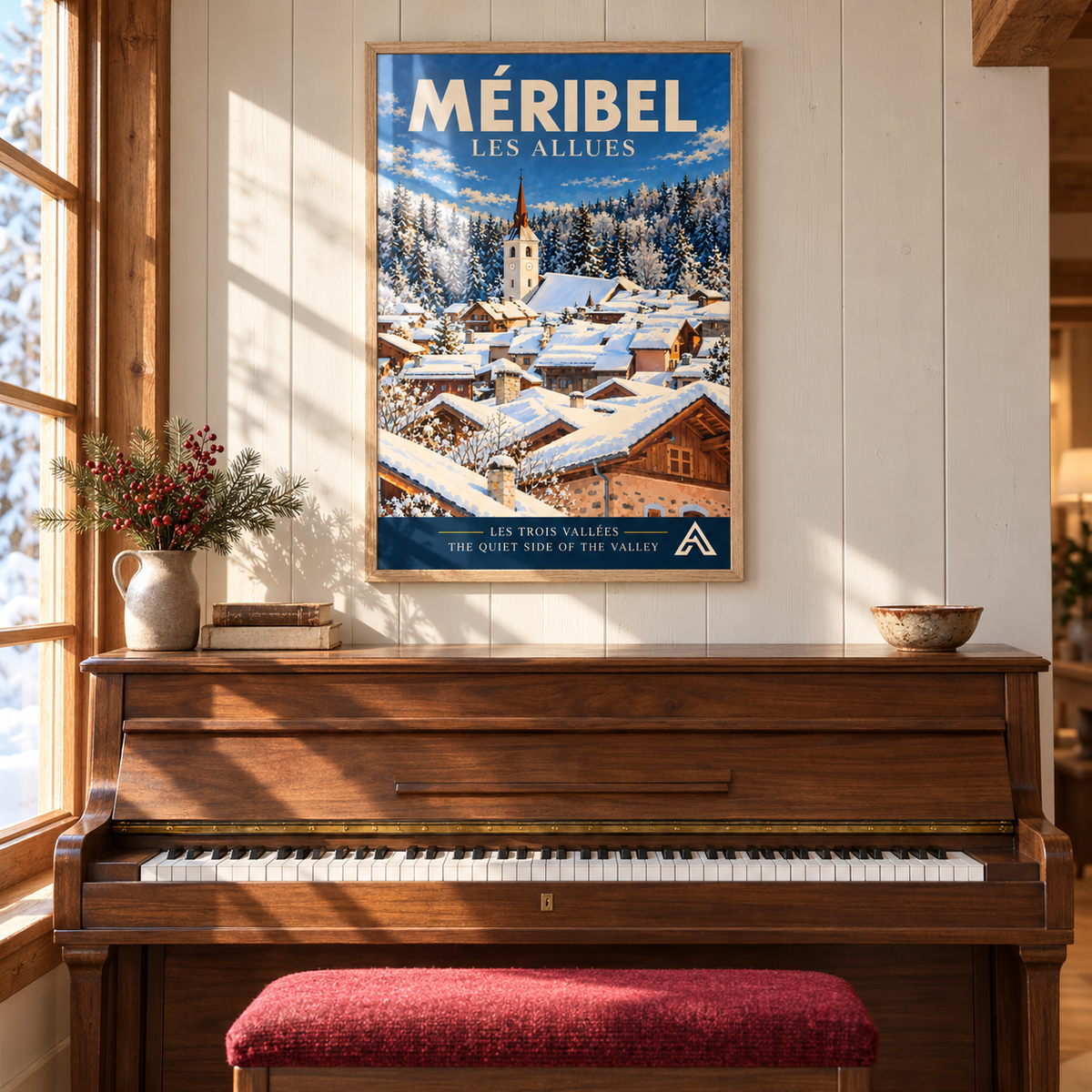Méribel Les Allues art print in a natural oak frame above a walnut piano in a sunlit alpine home, showing snowy village rooftops and a church tower.