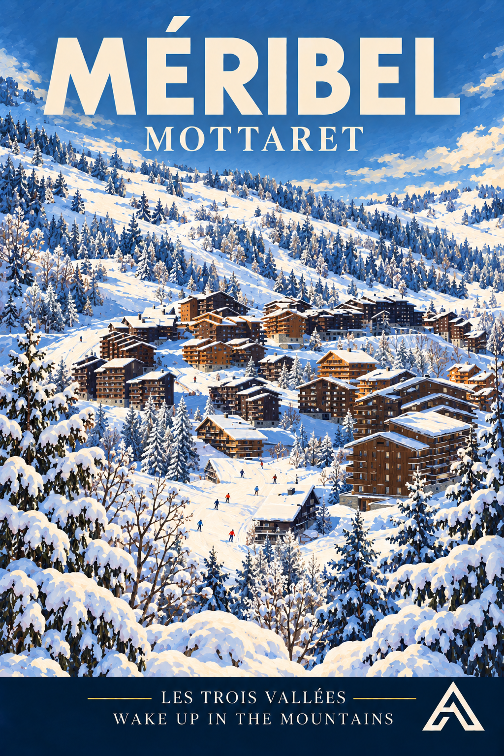 Méribel — Mottaret vintage art print showing timber chalet buildings nestled among snowy slopes and fir trees.