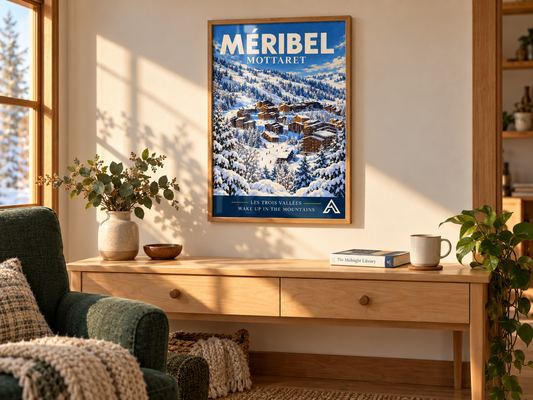 Méribel–Mottaret alpine art print in a natural oak frame above a wooden console, beside a green armchair in a sunlit room.