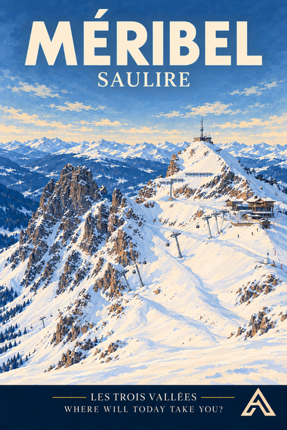 Méribel — Saulire vintage art print showing a snow-covered summit ridge, lift infrastructure and layers of Alpine peaks.