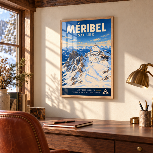 Méribel Saulire art print in Natural Oak above a walnut writing desk in a warm cream study, with sunlight reflecting across the glazing.