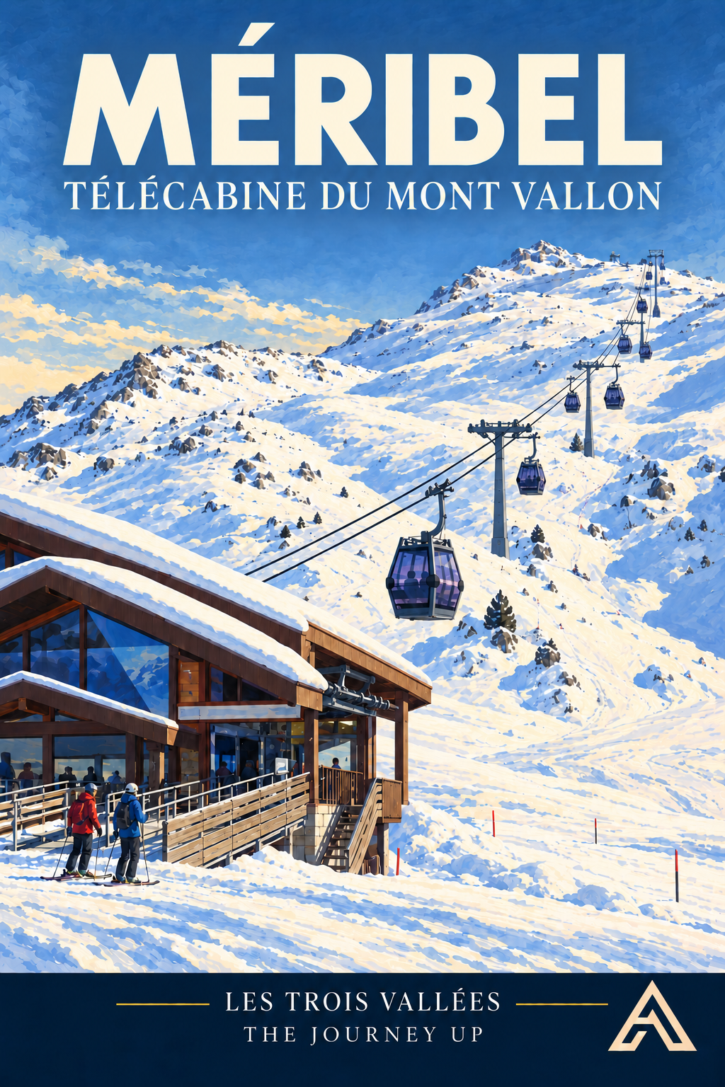 Méribel — Télécabine du Mont Vallon vintage art print showing gondola cabins rising from a timber-and-glass station with two skiers beside the building.