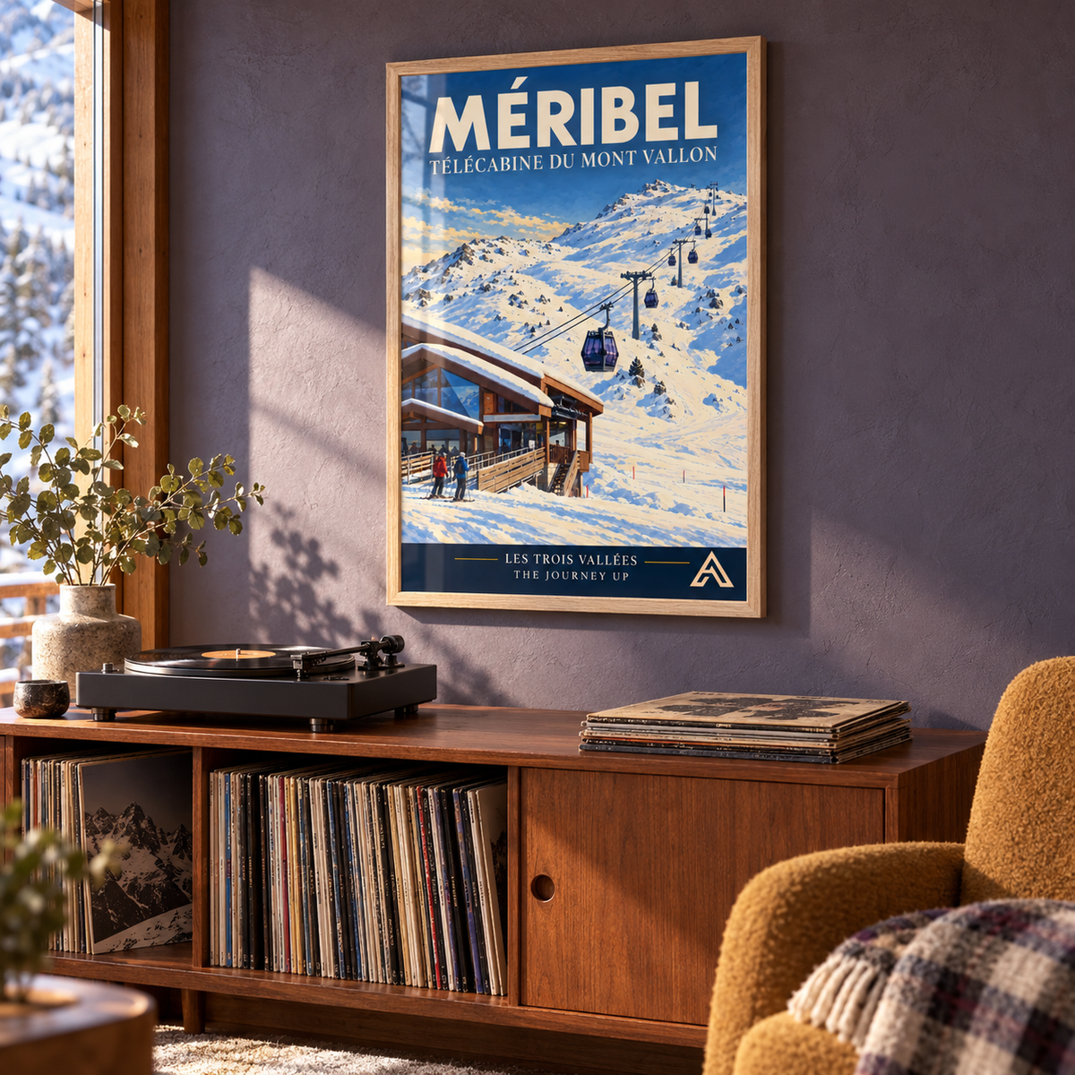 Méribel Télécabine du Mont Vallon art print in Natural Oak above a teak record cabinet against a slate-purple wall, with winter sunlight on the glazing.