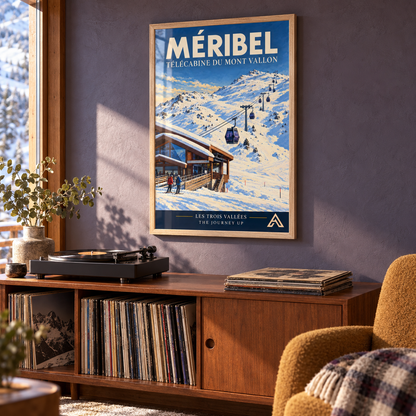 Méribel Télécabine du Mont Vallon art print in Natural Oak above a teak record cabinet against a slate-purple wall, with winter sunlight on the glazing.