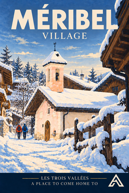 Méribel Village vintage art print showing a snowy village lane, a small church, timber chalets and two walkers.
