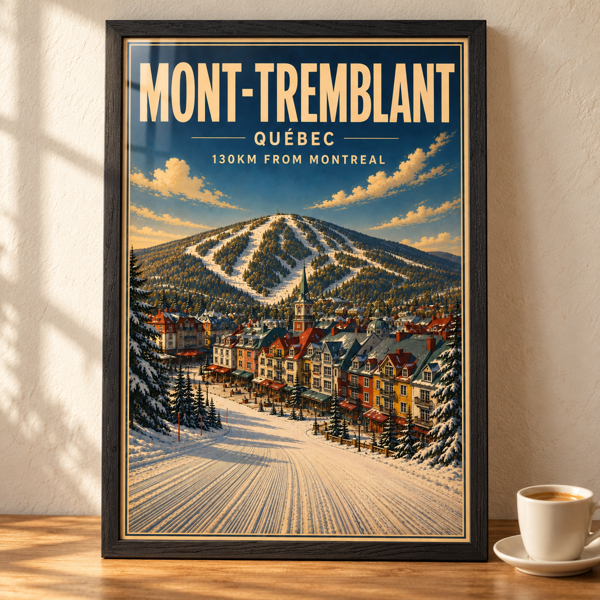 Mont-Tremblant art print in a Black Ash frame on a wooden tabletop beside an espresso cup and saucer, showing a colourful mountain village and groomed snow.