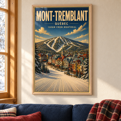 Mont-Tremblant art print in a Natural Oak frame above a navy sofa with a plaid wool throw, showing a colourful winter village beneath forested ski slopes.