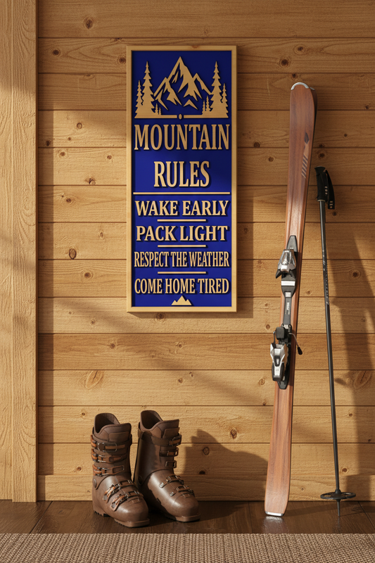 Mountain Rules — Framed Pine Face — Cabin Wall
