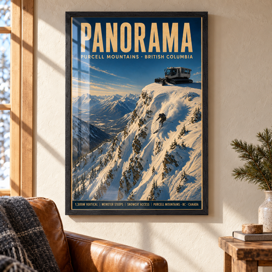 Panorama art print in a Black Ash frame above a leather armchair in a sunlit chalet, showing a snowcat and skier on the Monster Steeps.
