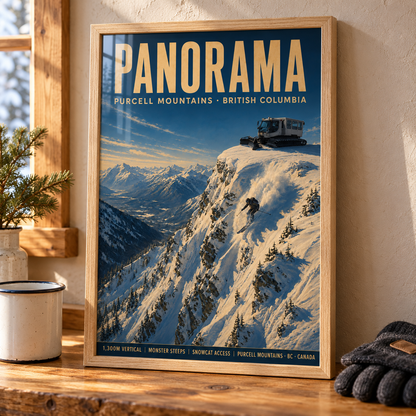 Panorama art print in a Natural Oak frame on a wooden tabletop beside an enamel mug and wool gloves, showing a snowcat above a steep snowy mountain face.