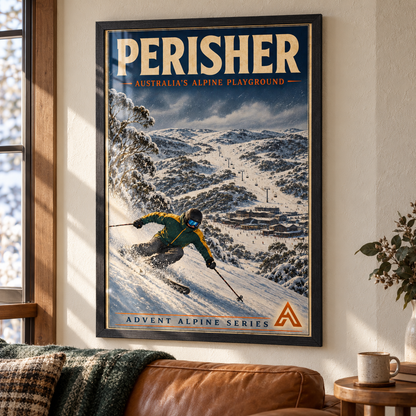 Perisher art print in a Black Ash frame above a leather sofa in a sunlit mountain home, showing a green-and-gold skier carving through powder above the village.