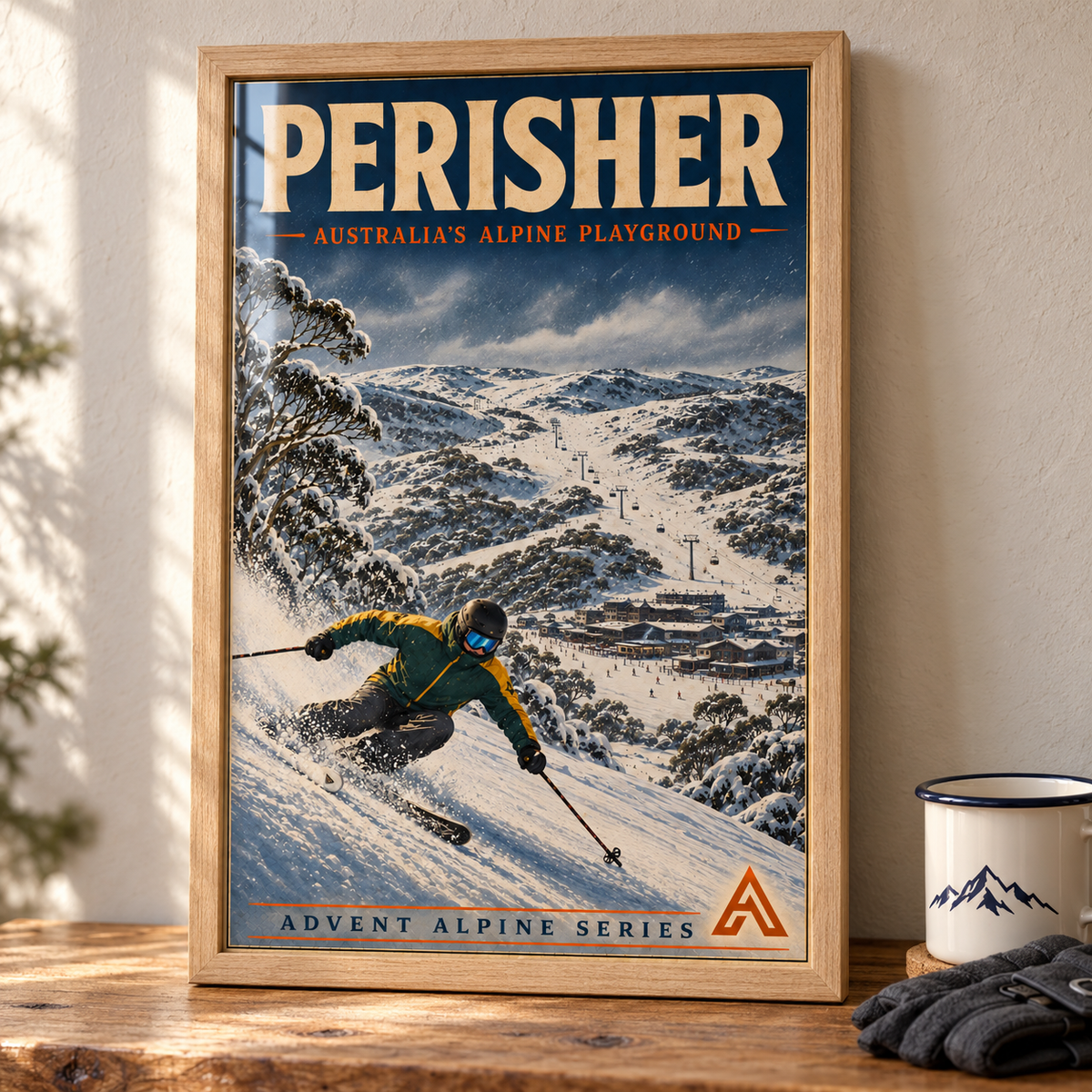 Perisher art print in a Natural Oak frame on a wooden tabletop beside an enamel mug and ski gloves, showing a green-and-gold skier, snowy gums and village.