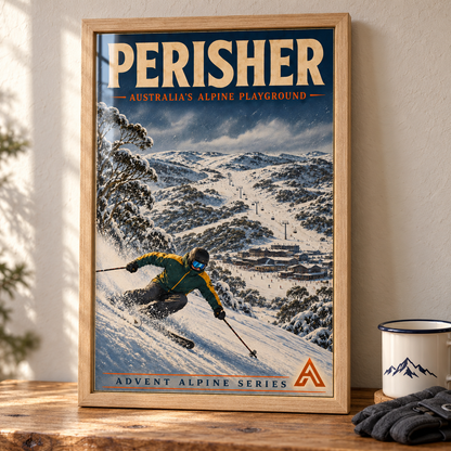 Perisher art print in a Natural Oak frame on a wooden tabletop beside an enamel mug and ski gloves, showing a green-and-gold skier, snowy gums and village.