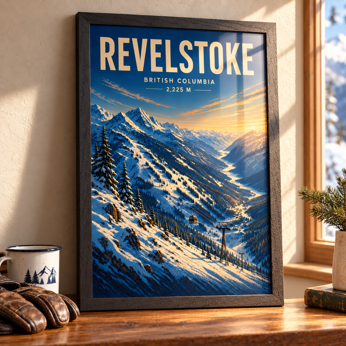 Revelstoke art print in a Black Ash frame on a wooden tabletop beside an enamel mug and leather gloves, showing snowy ridges, a gondola and a forested river valley.