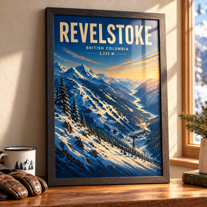 Revelstoke art print in a Black Ash frame on a wooden tabletop beside an enamel mug and leather gloves, showing snowy ridges, a gondola and a forested river valley.
