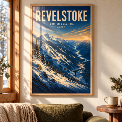 Revelstoke art print in a Natural Oak frame on a sunlit mountain-home wall above a green sofa, showing snowy ridges, a gondola and a forested river valley.