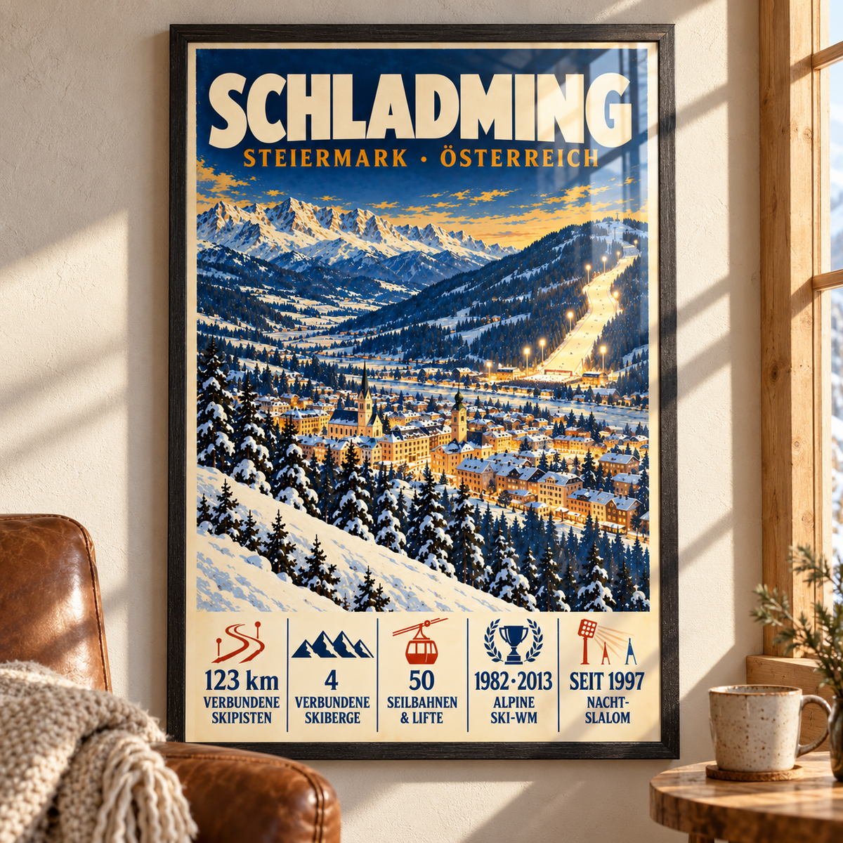Schladming art print in a Black Ash frame on a sunlit wall beside a leather reading chair, showing the snowy town, mountain peaks and illuminated ski slopes.