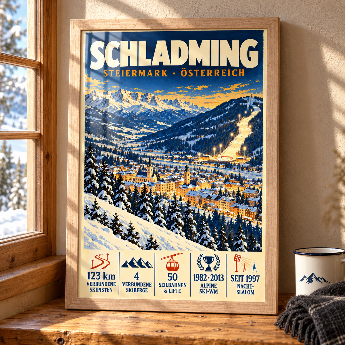 Schladming art print in a Natural Oak frame on a sunlit wooden tabletop beside an enamel mug and wool scarf, showing the snowy town and illuminated ski slopes.