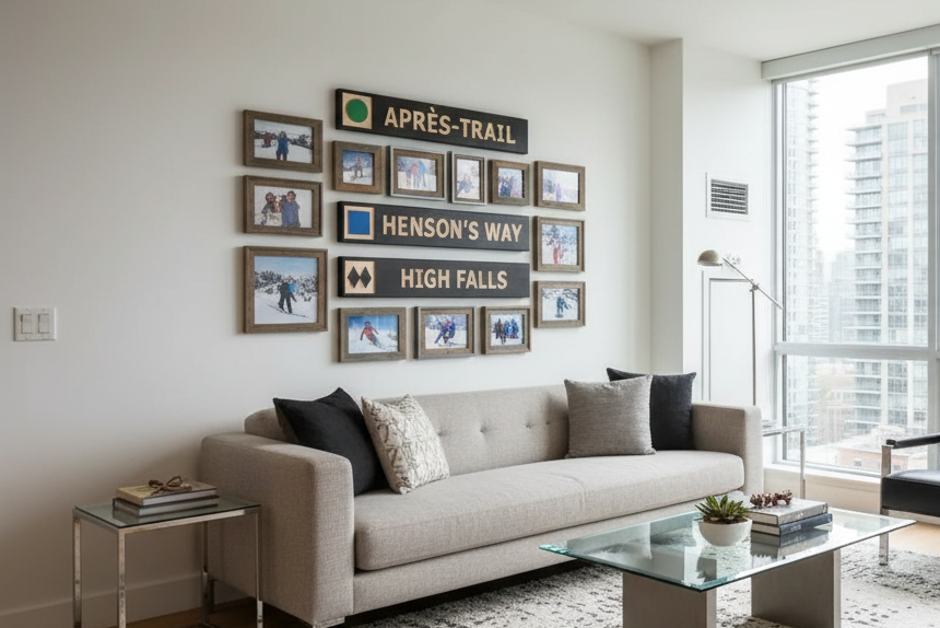 Ski Trail Sign in Modern Condo Living Room