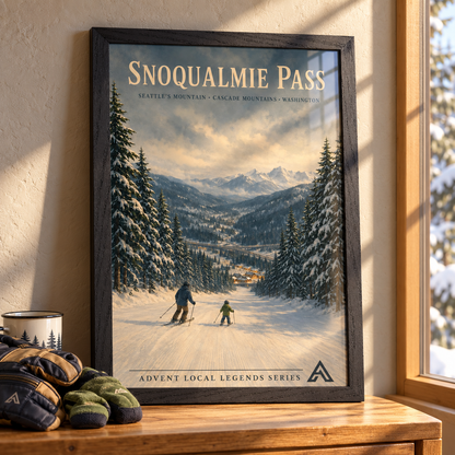 Snoqualmie Pass art print in a Black Ash frame on a sunlit wooden table beside adult gloves and child’s mittens, showing a parent and child skiing.