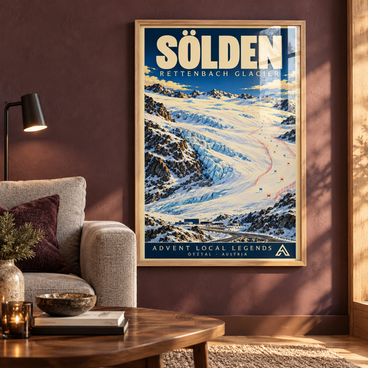 Sölden framed art print in Natural Oak on an aubergine wall beside a grey sofa and walnut coffee table, with winter sunlight reflecting across the glazing.