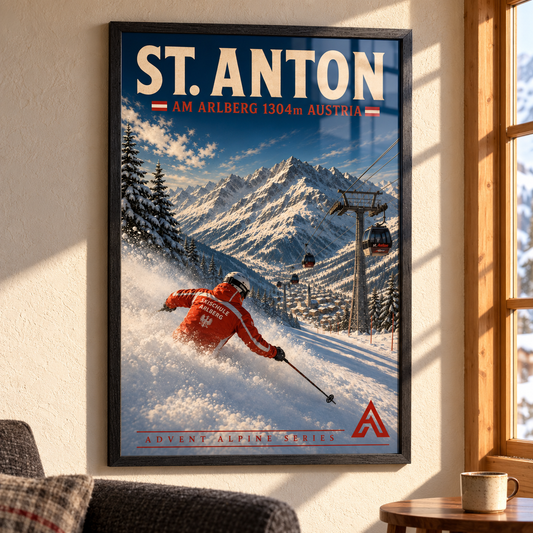 St. Anton am Arlberg art print in a Black Ash frame on a sunlit wall above a charcoal sofa, showing a red-jacketed skier carving powder beneath gondolas and snowy peaks.
