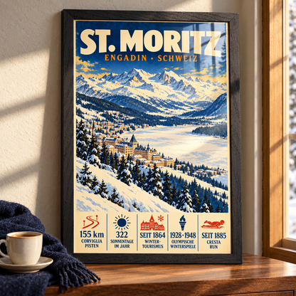 St. Moritz art print in a Black Ash frame on a wooden tabletop beside a cup and navy scarf, with sunlight across the snowy town and frozen lake artwork.