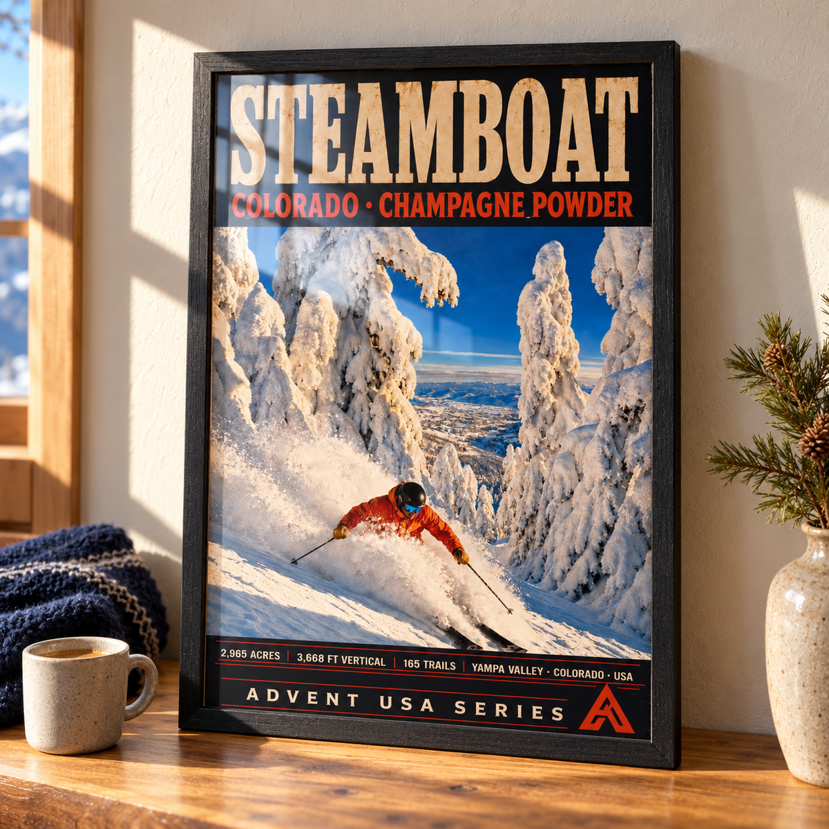 Steamboat Springs art print in a Black Ash frame on a sunlit wooden tabletop beside a cup and navy scarf, showing an orange-jacketed skier in deep powder among snow-covered trees.