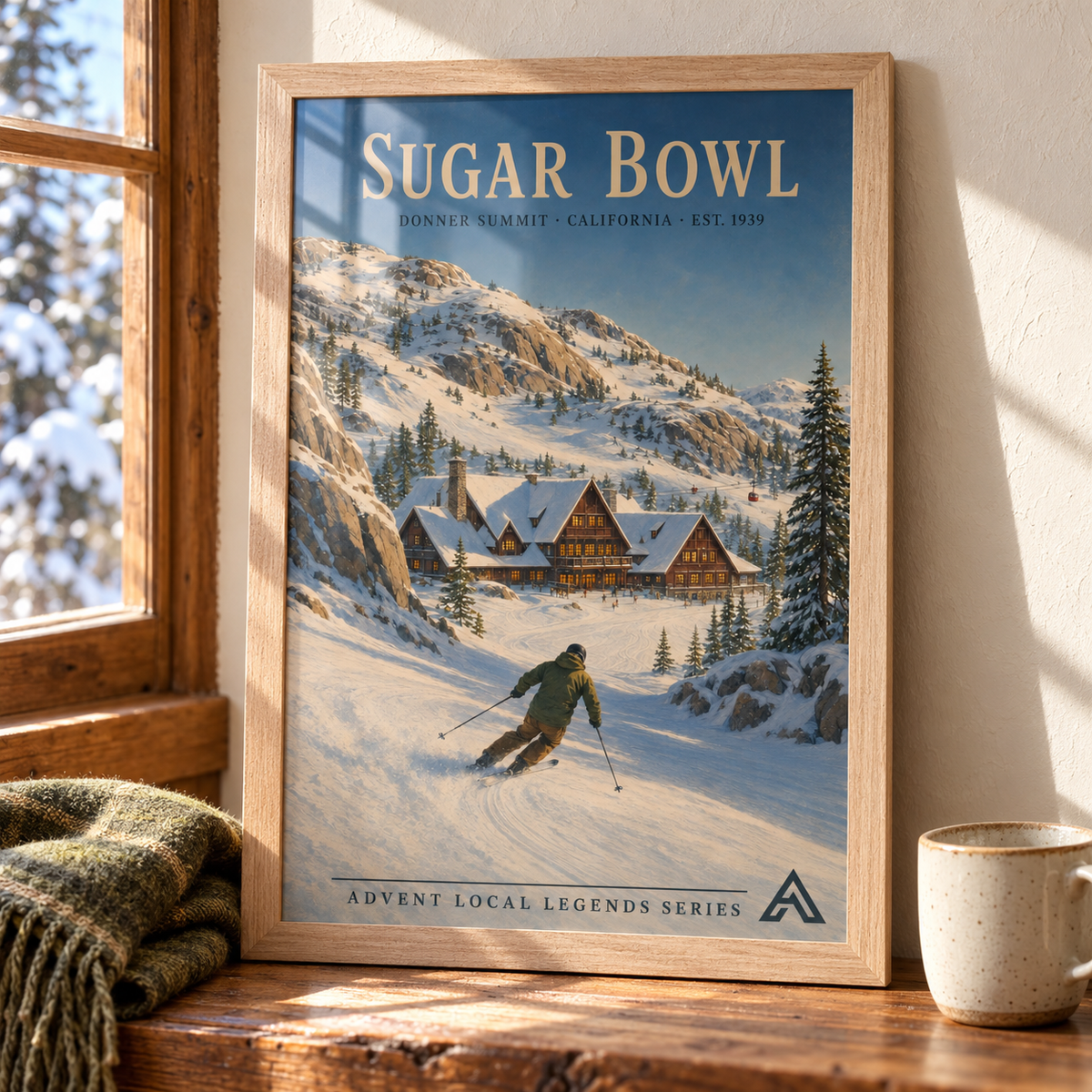 Sugar Bowl art print in a Natural Oak frame on a sunlit wooden tabletop beside an olive scarf and ceramic cup, showing a skier below a snow-covered alpine lodge.