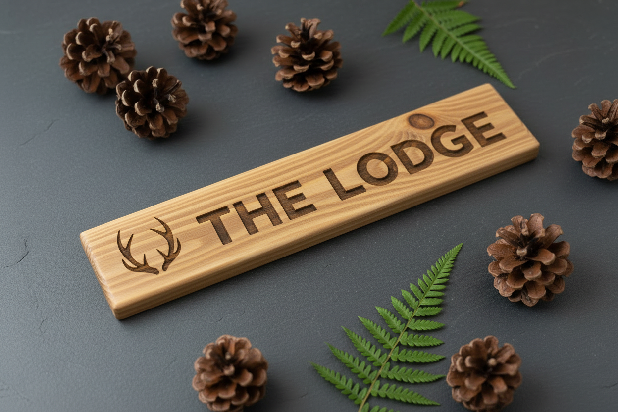 The Lodge sign with pine cones and fern