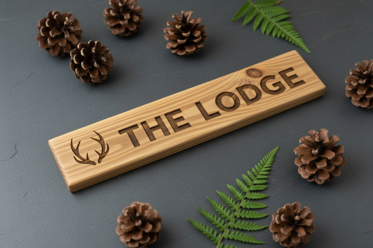 The Lodge sign with pine cones and fern