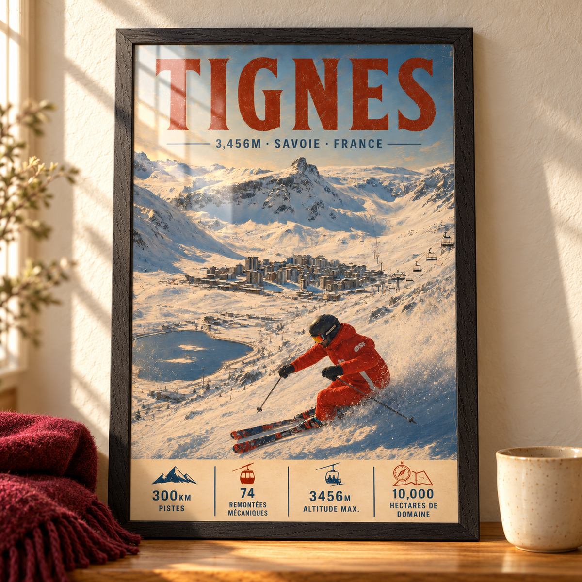 Tignes art print in a Black Ash frame on a sunlit wooden tabletop beside a burgundy scarf and ceramic cup, showing a red-suited skier descending above the snowy town and lake.