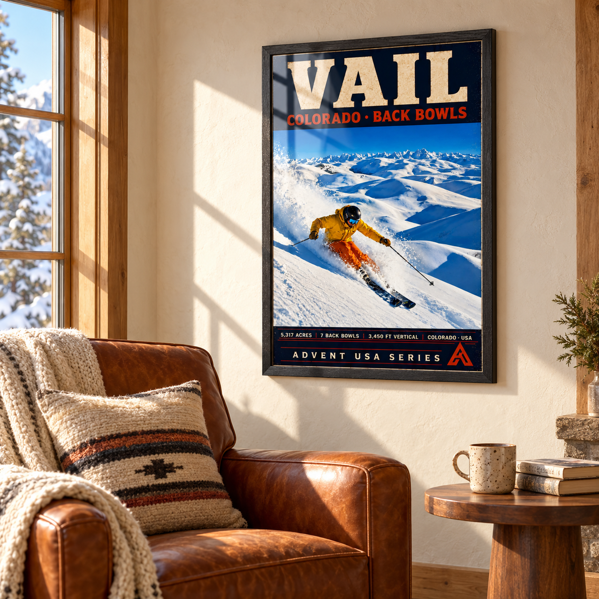 Vail Back Bowls art print in a Black Ash frame on a sunlit wall beside a brown leather armchair, with window reflections across the yellow-jacketed skier and snowy mountain artwork.