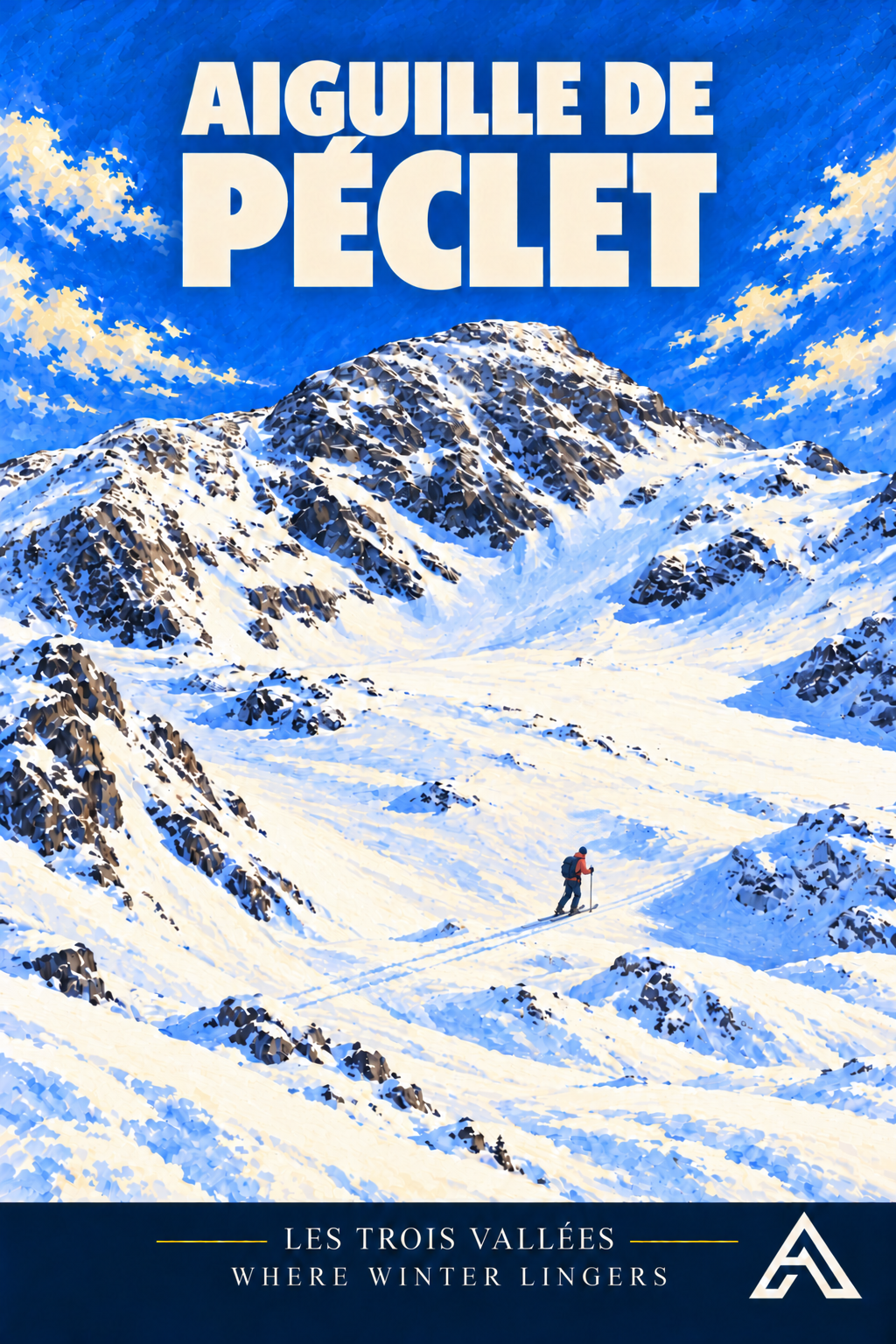 Val Thorens — Aiguille de Péclet vintage art print showing a small mountaineer crossing a snowy glacier beneath a rugged Alpine peak.