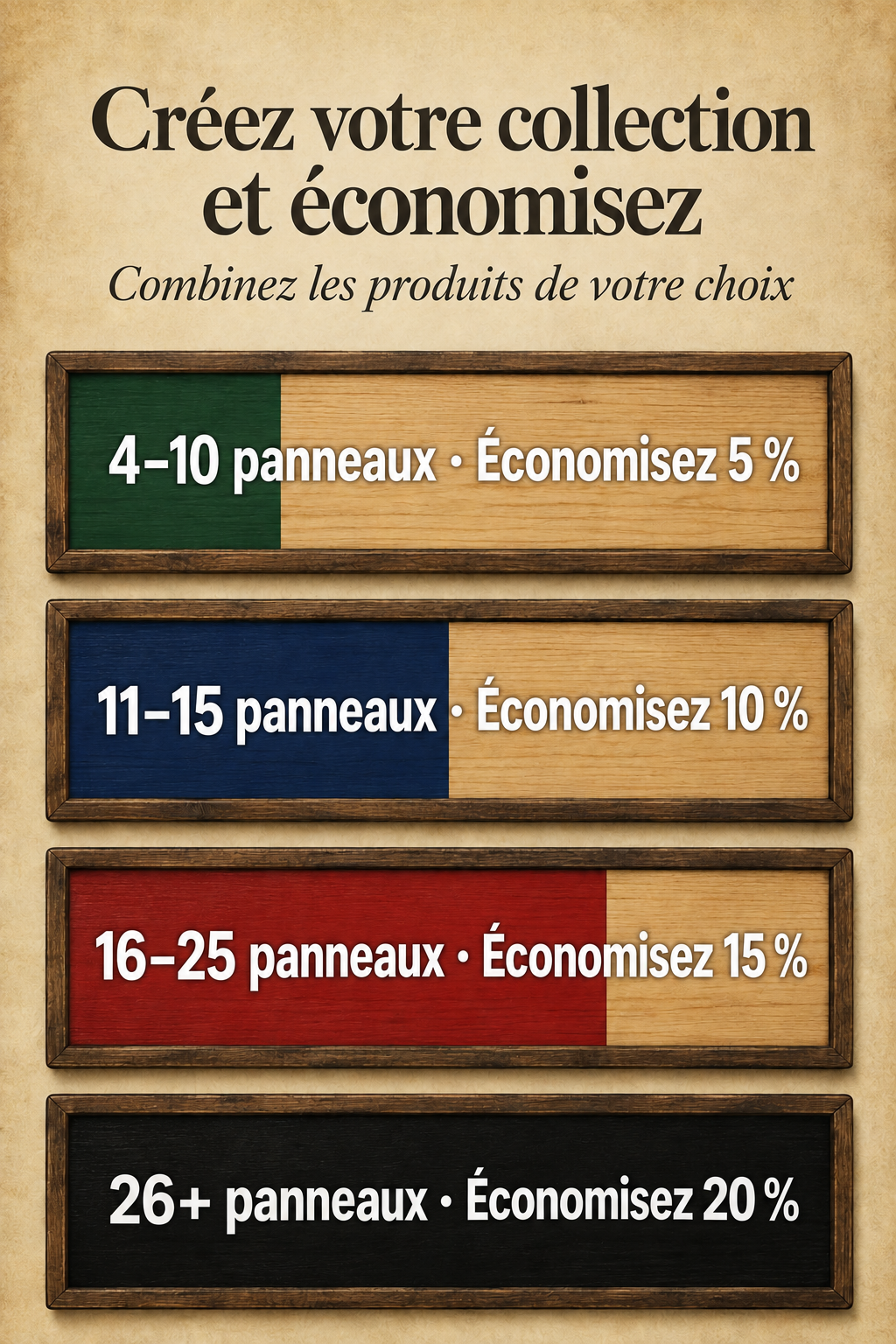 Complétez votre collection et économisez : 4 à 10 panneaux, 5 % ; 11 à 15, 10 % ; 16 à 25, 15 % ; 26 et plus, 20 %.