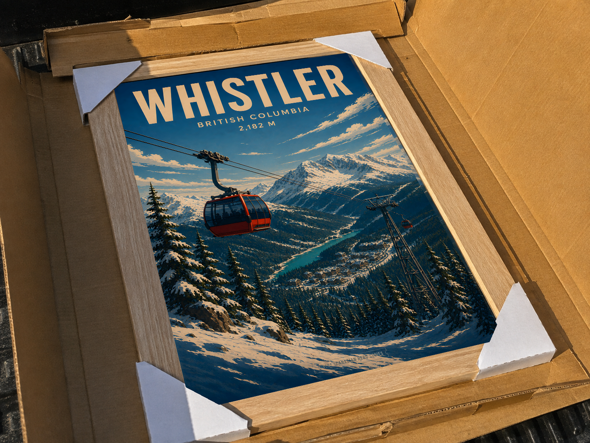 Whistler framed art print shown inside its protective packaging.
