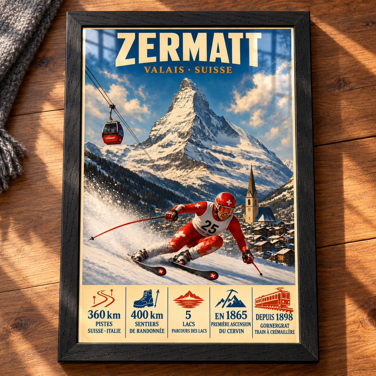 Complete Zermatt framed art print in Black Ash on a walnut tabletop, showing the Matterhorn, red gondola and Swiss ski racer, with sunlight and window reflections on the glazing.