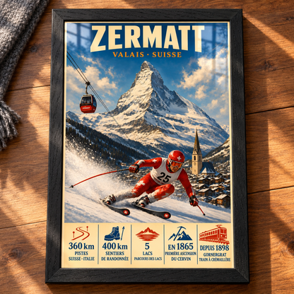Complete Zermatt framed art print in Black Ash on a walnut tabletop, showing the Matterhorn, red gondola and Swiss ski racer, with sunlight and window reflections on the glazing.