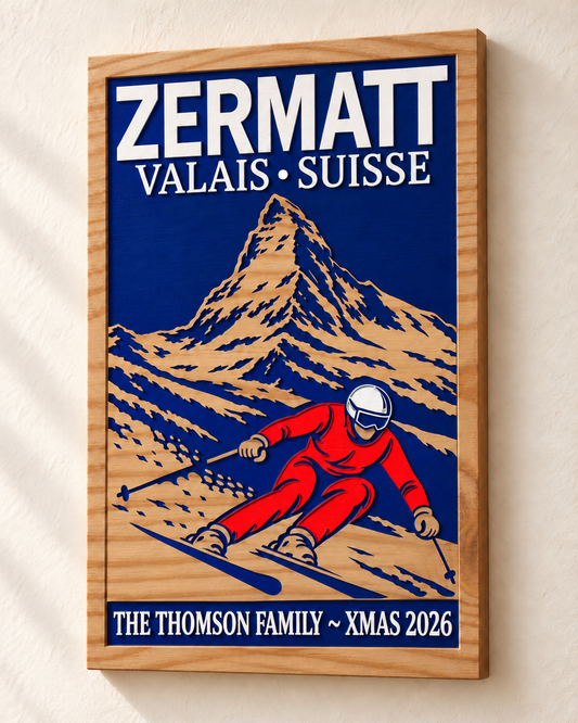 Product render of a 16 x 24 inch personalised Zermatt carved wood sign with a natural wood Matterhorn, navy recesses, red skier and white helmet.