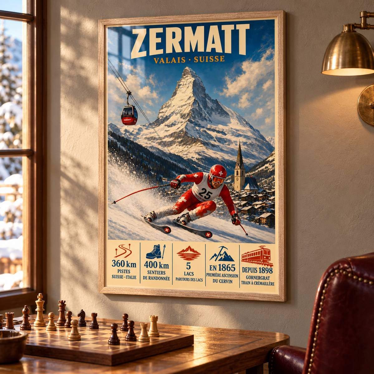 Zermatt framed art print in Natural Oak above an oak chess table, with a burgundy leather chair and winter sunlight reflecting across the glazing.