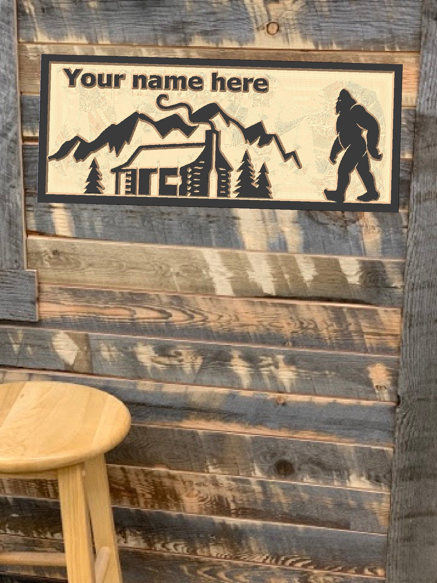Yeti & mountain cabin name wood carved sign - Advent Wood Products